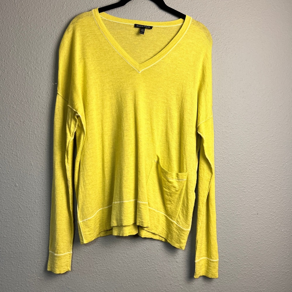 Eileen Fisher Citron Yellow Tencel Merino Alpaca V-Neck Pocket Sweater XS Classy